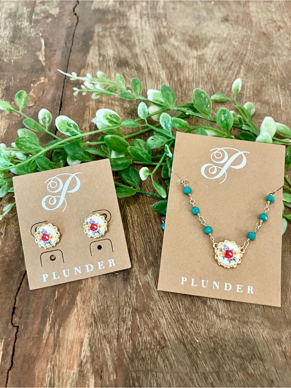 Plunder Gold Floral Necklace and Stud Earrings Set with Turquoise Beads cottage